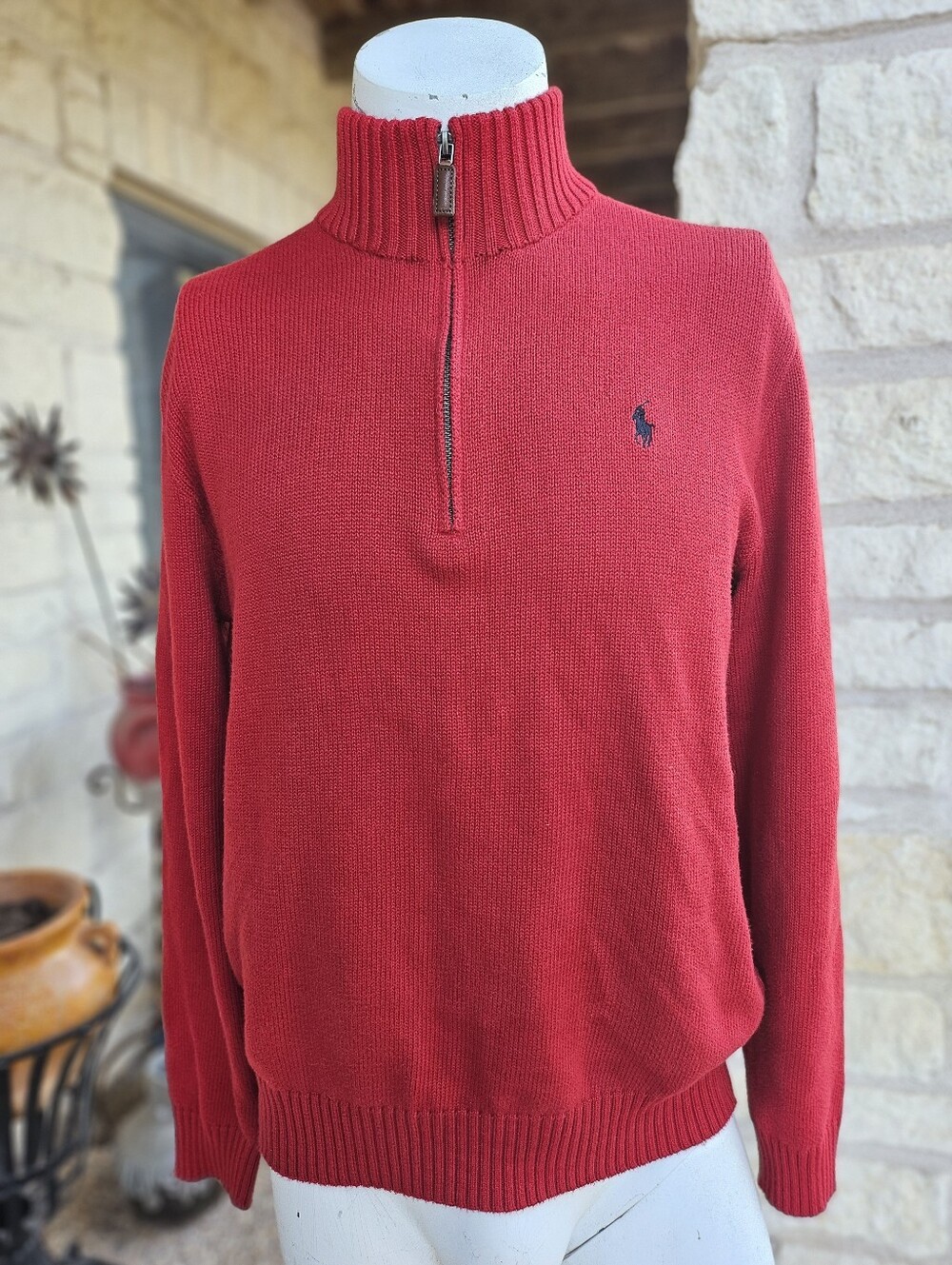 Polo Ralph Lauren Pullover 1/4 Zip Cotton Knit Rib Sweater Men’s Size L Red Pony